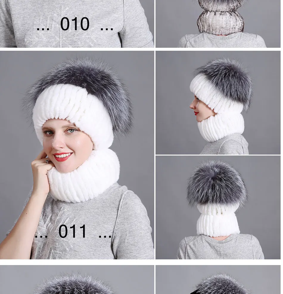 DUOUPA Women fur hat scarf set for winter natural rex rabbit fur scarf and hat solid color brand new street shoot hat and scarf