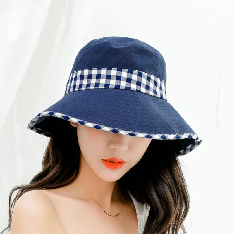 

SUOGRY 2019 Newest Spring Women Hats Patchwork Cotton Sun Hats Female Fashion Flat Top Plaid Bbucket Hats
