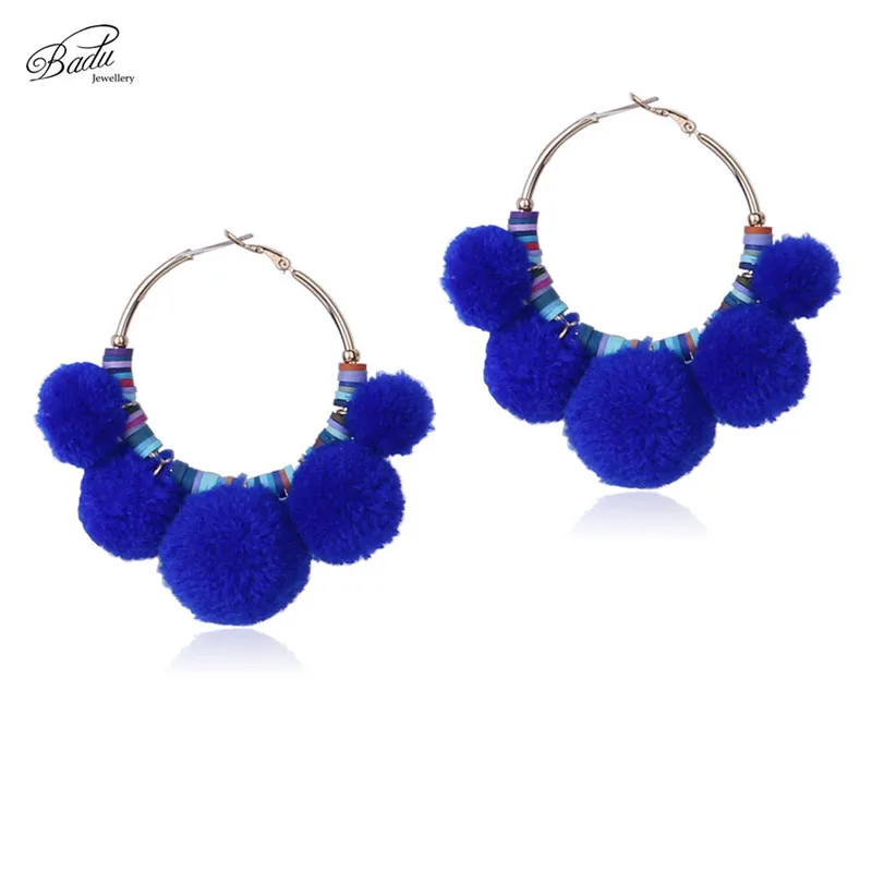 Royal blue Badu большие круглые серьги-обруч с помпоном, женские золотые серьги с петлей, ювелирные изделия в стиле бохо, трендовая Мода, дизайн, подарок - Окраска металла: Royal blue