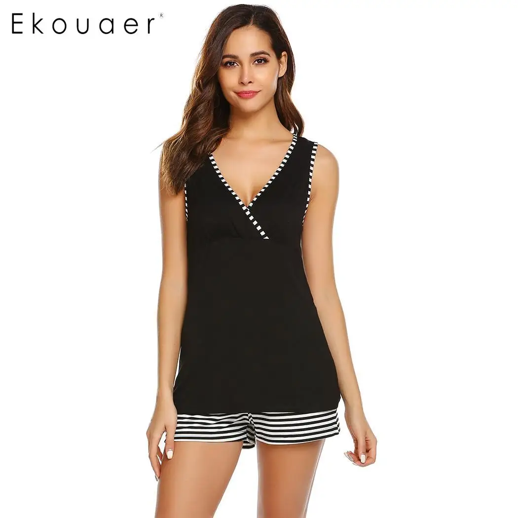 Black Ekouaer замыкание пижамный комплект Детские Для женщин для отдыха, одежда для сна, с v-образным вырезом, платье без рукавов для беременных Пижамный костюм женский Лето ночное белье, мягкая одежда для детей - Color: Black