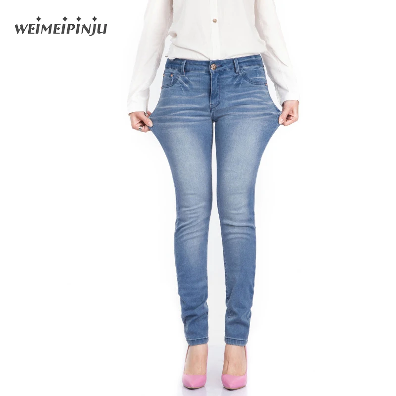 Высокая талия Джинсы для женщин женские 2017 Капри большой Размеры Мотобрюки тощий
