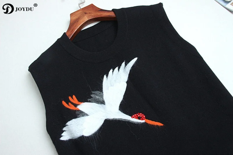 JOYDU vestido 2018 Winter Fashion Runway Red-crowned Crane Embroidery Midi Party Dress Office Sleeveless Knitted Sweater Dresses | Женская