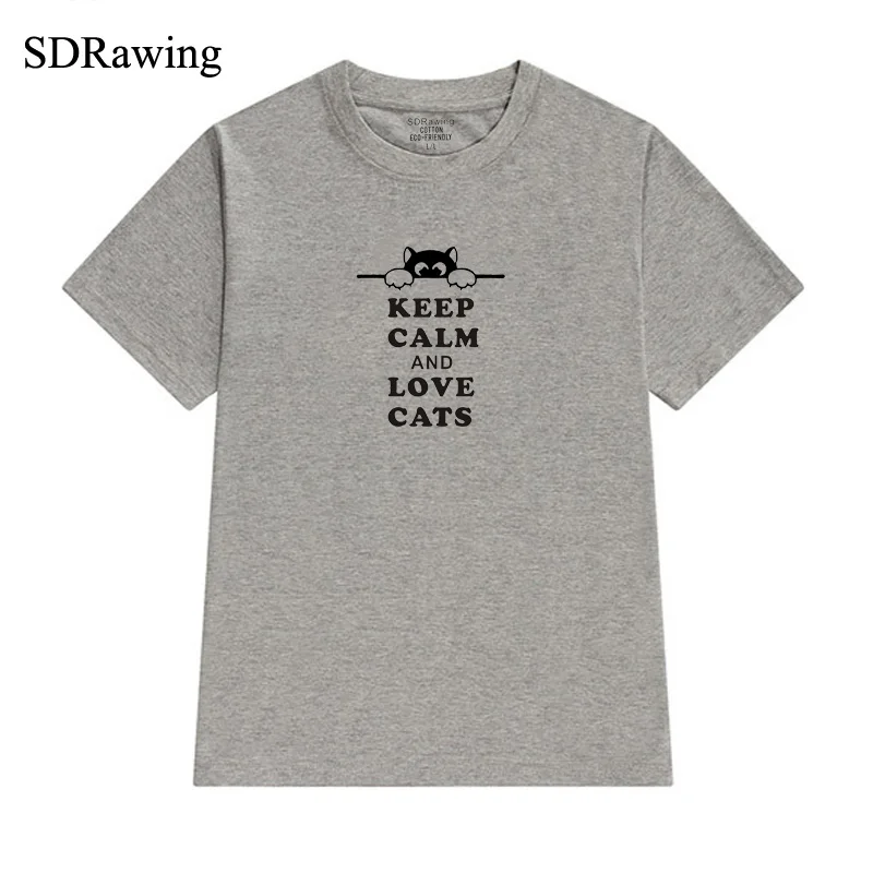 Забавная Женская хлопковая Футболка с принтом keep calm and love футболки рисунком кошки