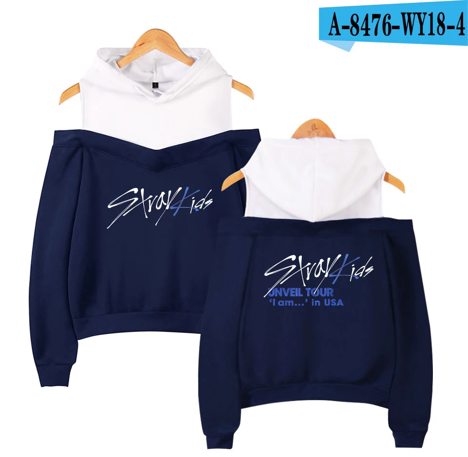Kpop Stray Kids Miroh High Street уличная мода, толстовки с открытыми плечами, Женская толстовка в стиле хип-хоп, сексуальные толстовки, женские новые идол - Цвет: Navy