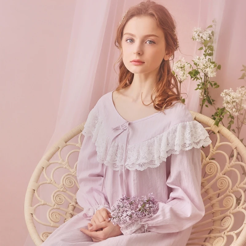 Free Shipping 100% Cotton Princess Nightdress Royal Nightgowns Women's Long Pijamas Purple and Pink Sleepwear Girl Home Cloth | Женская