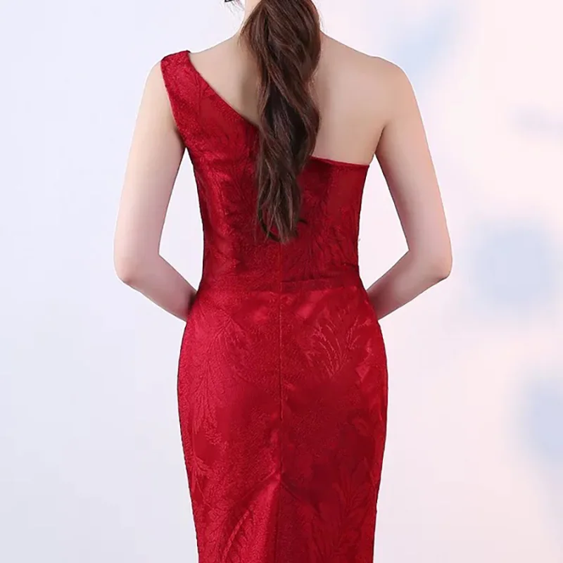 

D023 women sexy red one shoulder floral appliques floor length dress