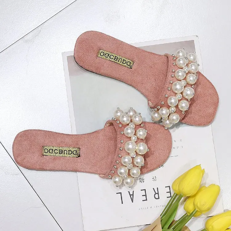 Женская пляжная обувь на плоской подошве украшенная жемчугом лето 2019|Тапочки| |