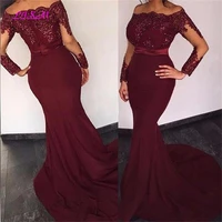 burgundy mermaid prom dress sexy off the shoulder applique long african formal evening dress 2020 sheer full sleeves party gowns