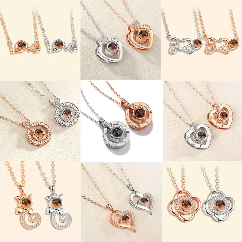 

Wholesale Rose Gold Silver 100 Languages I Love You Projection Pendant Women Necklace Valentine Wedding Necklaces for Wholesaler