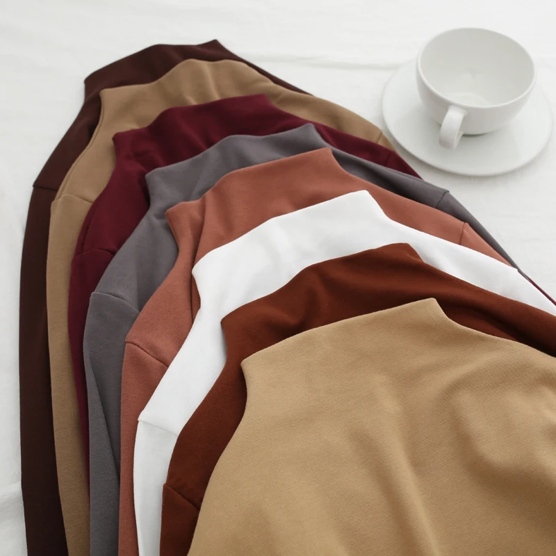 Осень зима невысокая горловина хлопок винтажная однотонная Базовая футболка топ