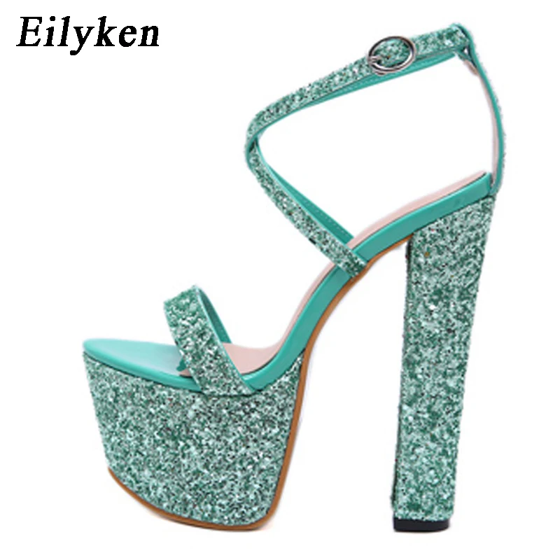 Eilyken; Модные женские босоножки на очень высокой платформе; туфли на шпильках с пряжкой на ремешке; пикантные женские свадебные босоножки серебристого цвета с блестками