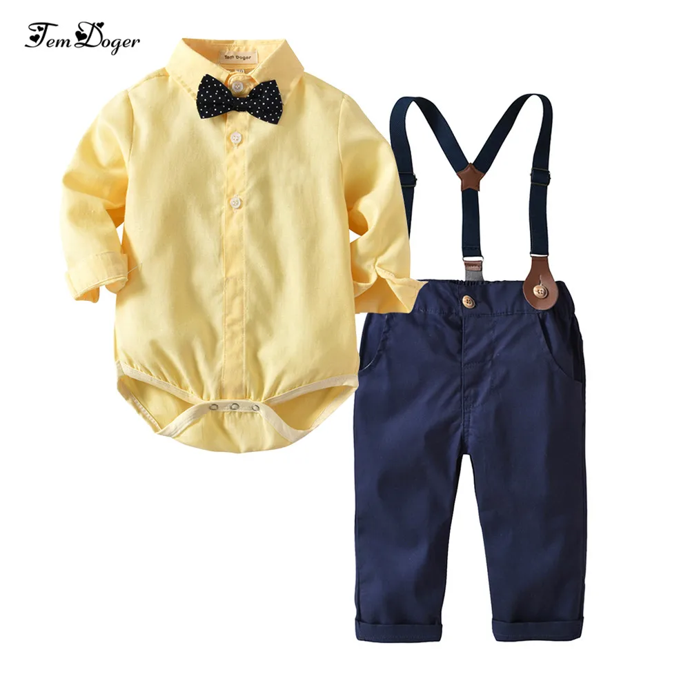 

Boys Clothing Set Baby Infant Boy Clothes Suit Cotton Yellow Tie Shirts+Overalls 2PCS Gentleman Outfits Sets Bebes Clothes Set