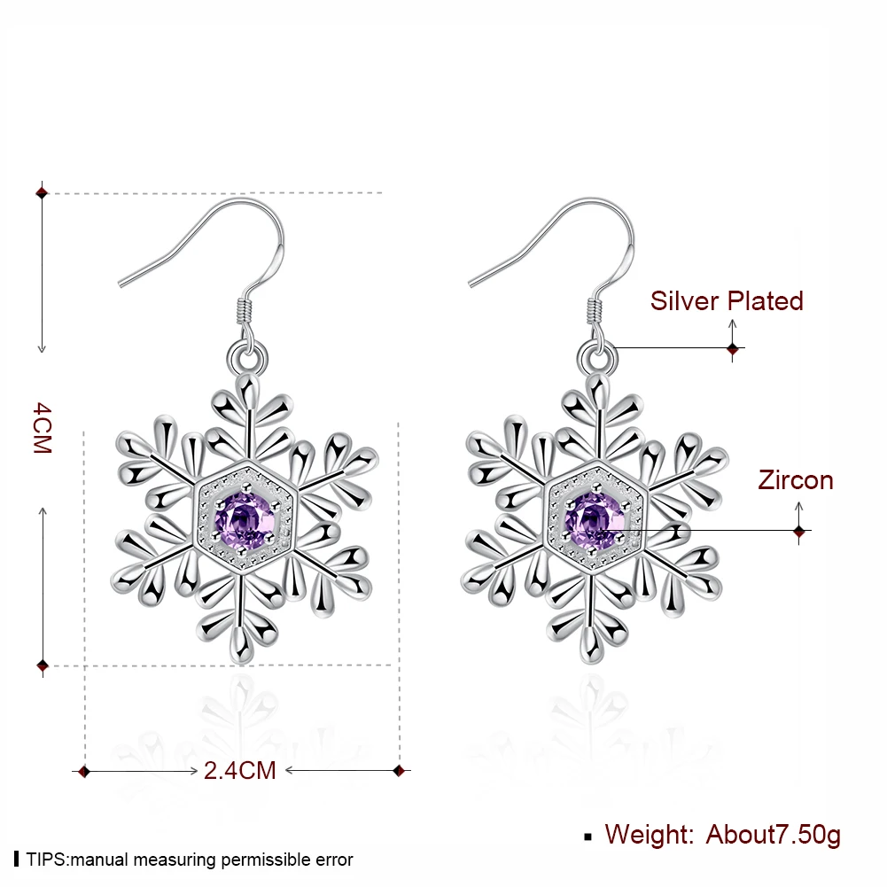 E740 Оптовая моды посеребренные серьги-гвоздики Snow Flake Серьги фиолетовый камень