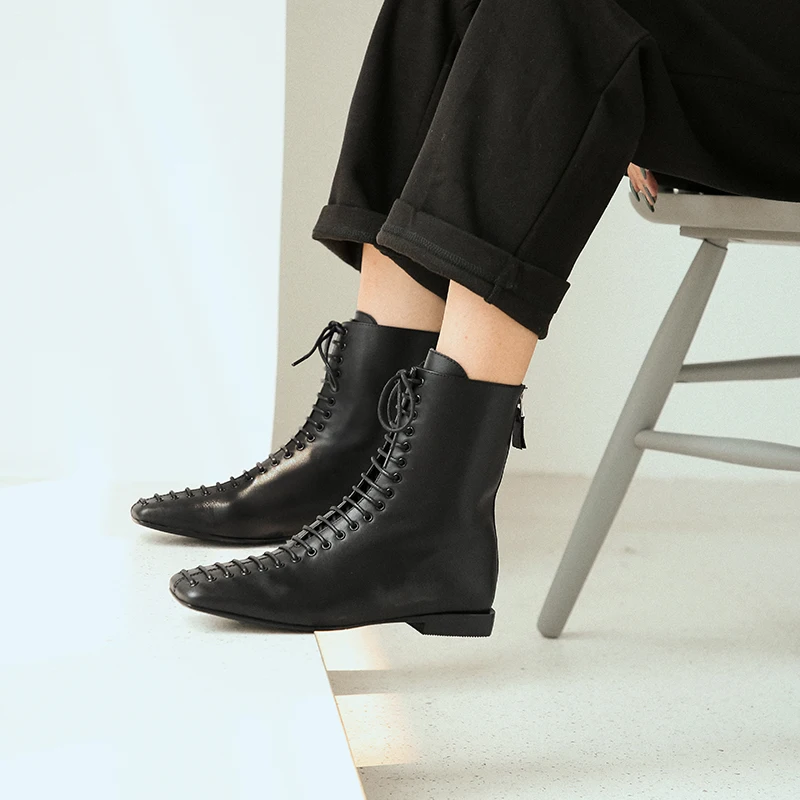 Осенние байкерские ботинки ISNOM женские с квадратным носком и перекрестной