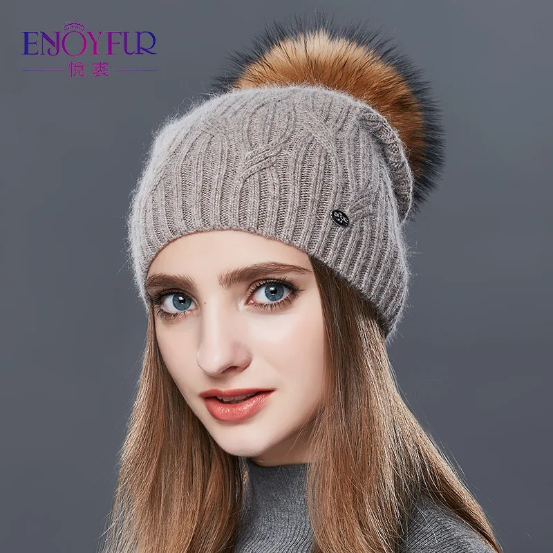 Женские вязаные кашемировые шапки ENJOYFUR, связанные узором «цепочка» шапки с помпоном, для осени и зимы - Цвет: 07
