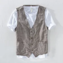 Mans Vintage Linen Suit Vest Slim Material 55%linen + 45%cotton Vest Male Casual Striped thin Waistcoat Vest Asian Size M-3XL (3)