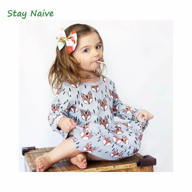 Stay Naive Girl Clothes 2021 Fall Fashion Fox Print Cotton Dress Long Sleeve Casual Apparel | Детская одежда и обувь