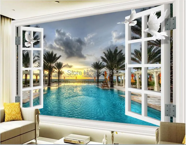 Пользовательские 3D комната пейзаж обои виды из окна бассейн деревья Настенная роспись кабинет диван фон настенная бумага на стенах