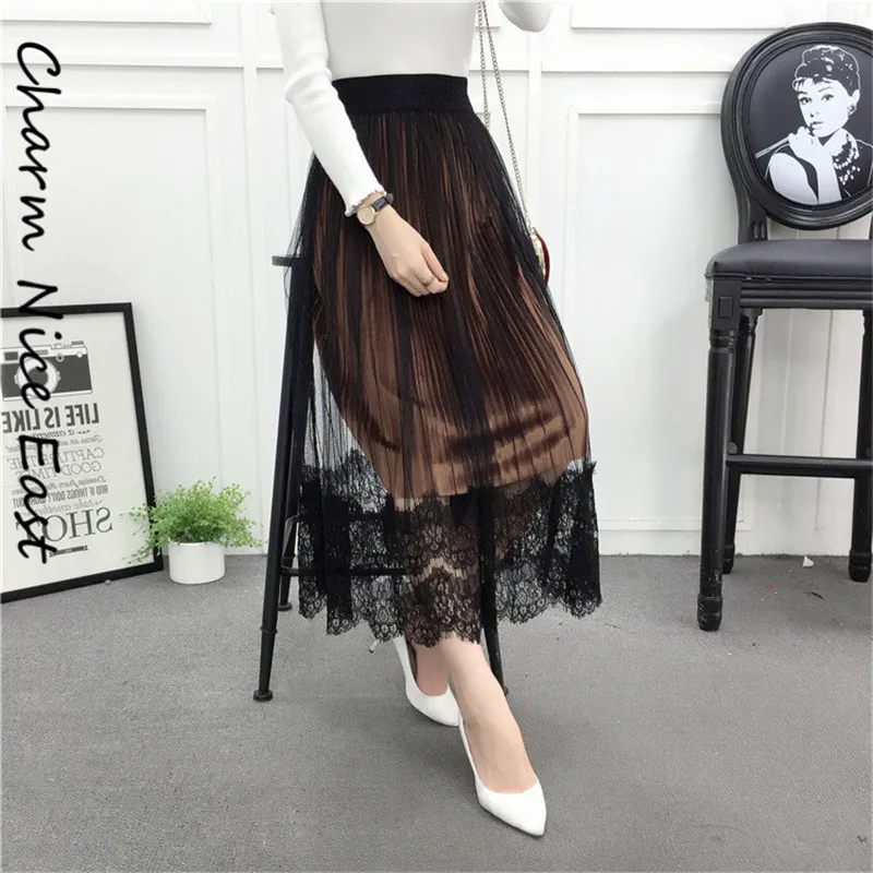 2018 Summer Fashion Gold Velvet lace skirt women Pleated Elegant Chic Mesh Mid-long Casual Solid color Sexy | Женская одежда