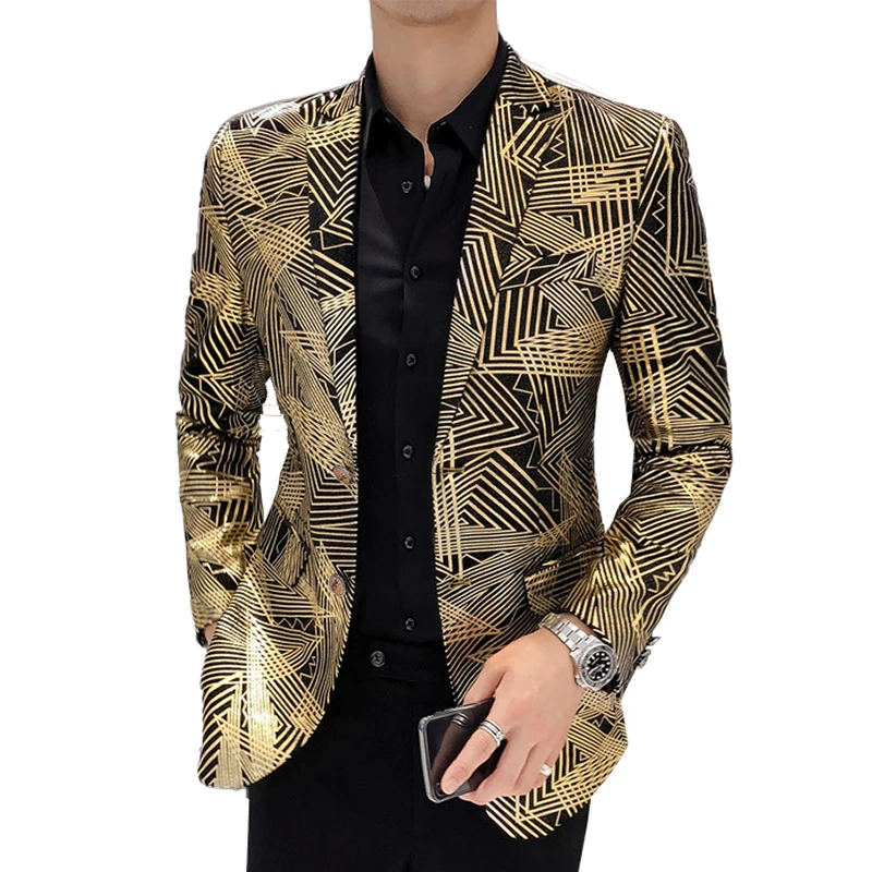 

Luxury Gold Stripes Print Blazer Coat Slim Fit Men Blazer Jacket Hombre Plus Size 5xl Stage Cloth for Dj Singer Chaqueta Hombre