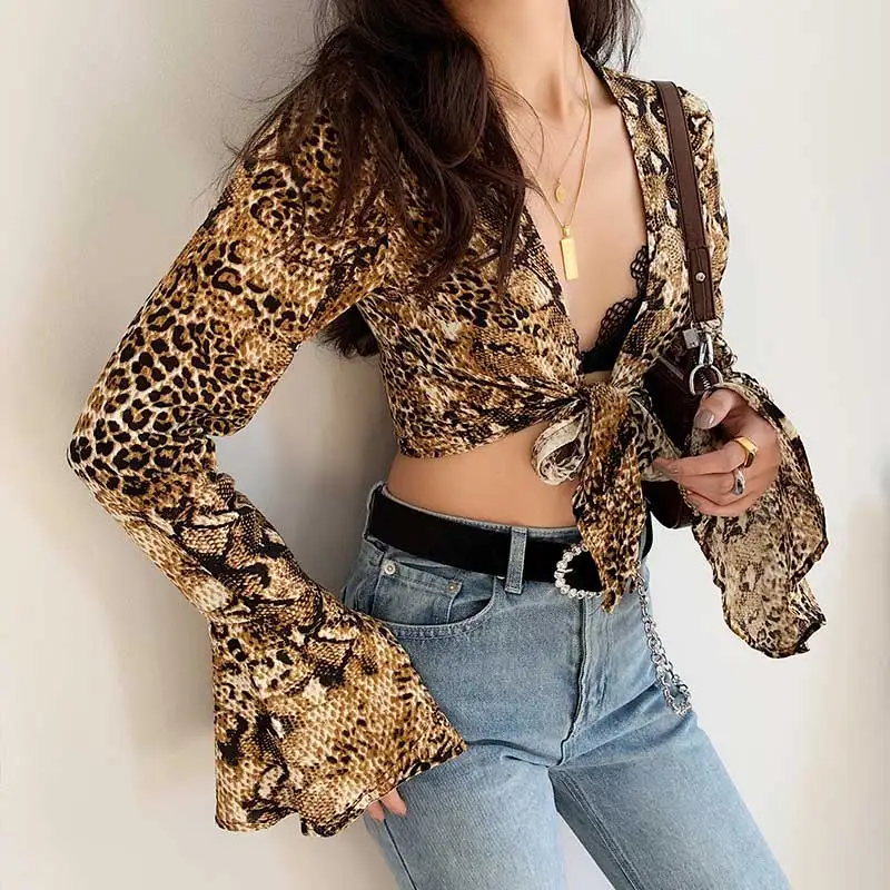 Богемный Вдохновленный Леопардовый принт Женский Топ с длинным Расклешенным