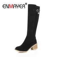enmayer flock women knee high boots stretch slim fashion boots female shoes high heels shoes black buckle round toe zip cr1024