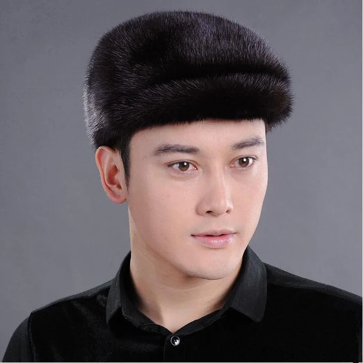 Men mink fur hat Men's Genuine Mink Fur Cap Winter Warm Top Hat Headgear Beanie Beret Newsboy Cap