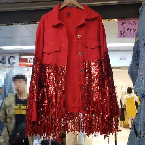 Красный Ren джинсовое пальто Женщины Весна одна застежка есть Sequines кисточкой черный/белый джинсы для женщин куртка Женская Базовая джинсовая куртк - Цвет: Красный