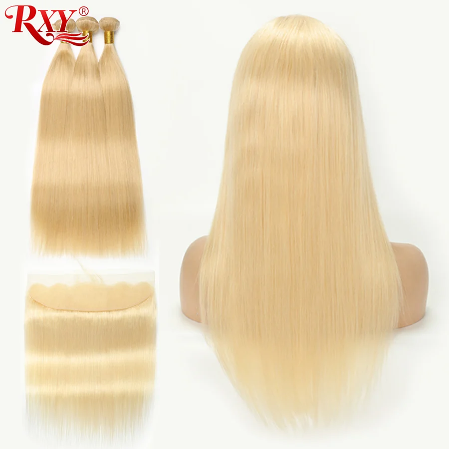 613 Bundles With Frontal Peruvian Hair Blonde 3 Closure RXY Straight Human NonRemy | Шиньоны и парики