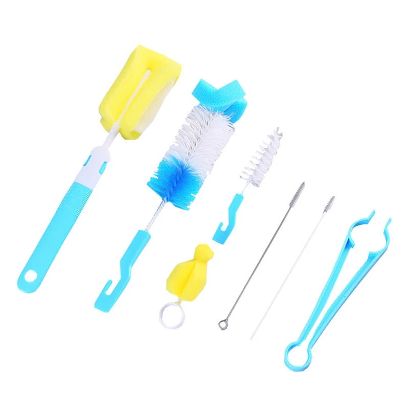 7 pcs/set Sponge Plastic Bottle Brushes Cleaner Bottle Clamp Nipple Clip Glass Milk Bottle Cleaning