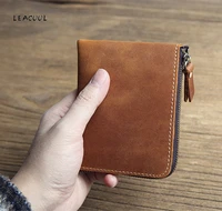 vintage handmade genuine leather wallet purse money bag men short small zipper card holder women high quality cool coin pocket