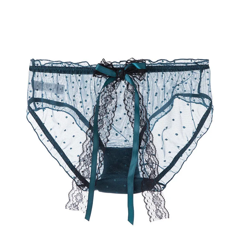 blue Сетчатые дышащие женские трусики в горошек, сексуальное прозрачное милое женское нижнее белье с бантом и лентой, милые кружевные трусики с низкой талией - Цвет: blue