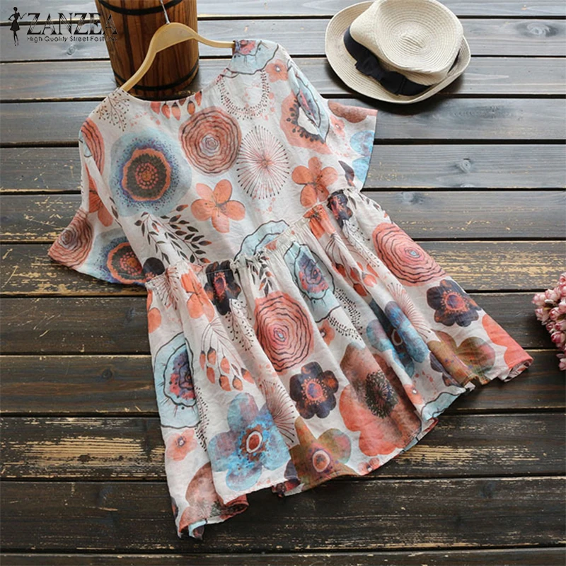 2019 Autumn Women Floral Printed Shirt Pleated Blusas ZANZEA Blouses Casual Loose Short sleeve Blouse Cotton Linen Top Plus Size |