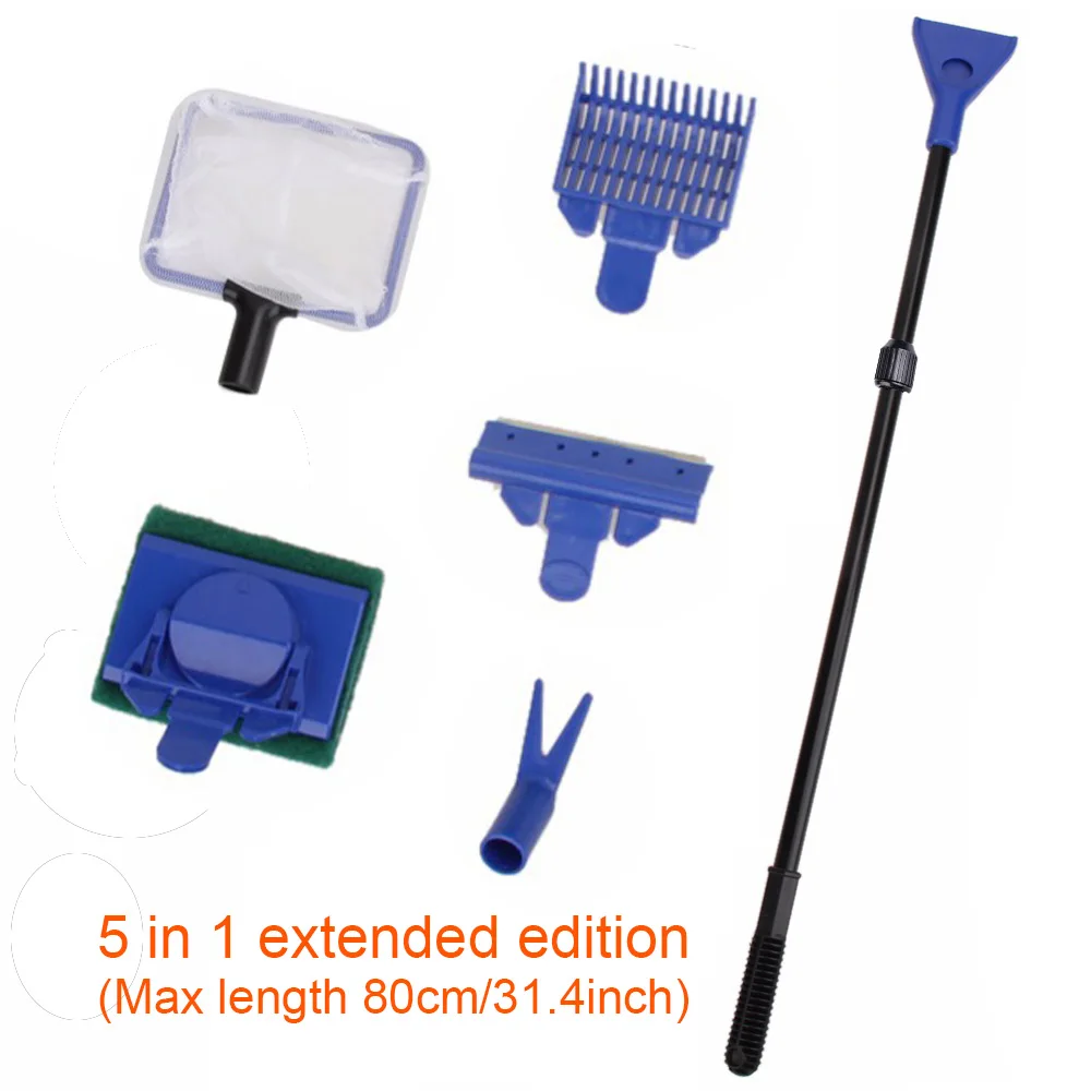 5 in1extended (80cm) Новое поступление 5 в 1 инструменты для очистки аквариума качественные рыболовные гравийные грабли, скребок для водорослей, губка, вилка, щетка для чистки стекла - Цвет: 5 in1extended (80cm)