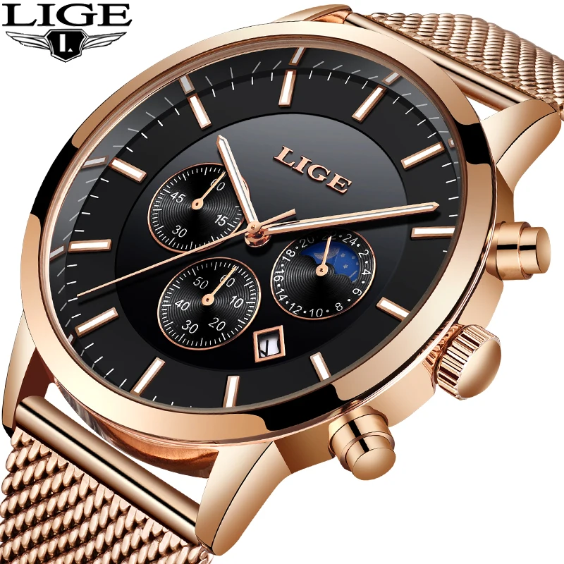 LIGE New Watch Men Casual Grid All Steel Strap Male Automatic Date Waterproof Sport Quartz Wristwatch Luxury Chronograph+Box | Наручные
