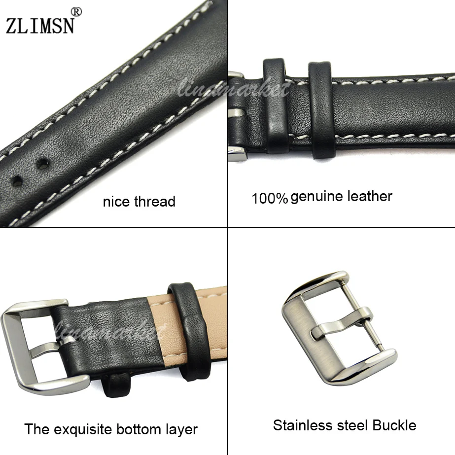

ZLIMSN Smooth Soft 100% Real Leather Watchbands Black White Stitched Belt Men Watch Band Strap 22mm Watch Relojes Hombre 2016