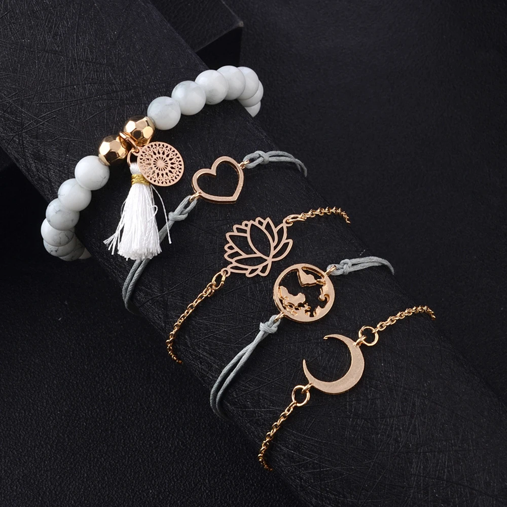 5 шт./компл. женский модный браслет в стиле бохо с Луной сердцем картой лотосом