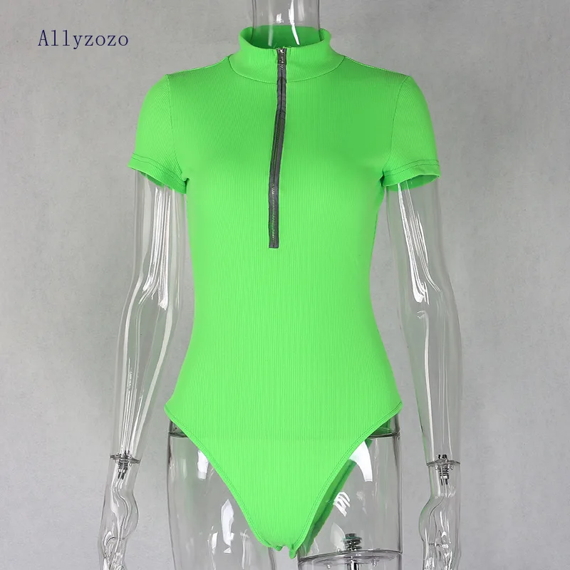 High Street Sexy Reflective Zipper Down Green Bodysuits for Women Sheath Rompers playsuits | Женская одежда