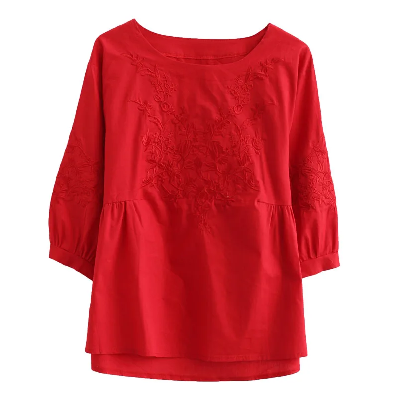 Solid Brief Embroidery Women Shirt Blouse Half Lantern Sleeve Casual Ethnic Retro Summer Tops Femme Clothes Cotton Linen Blusas | Женская