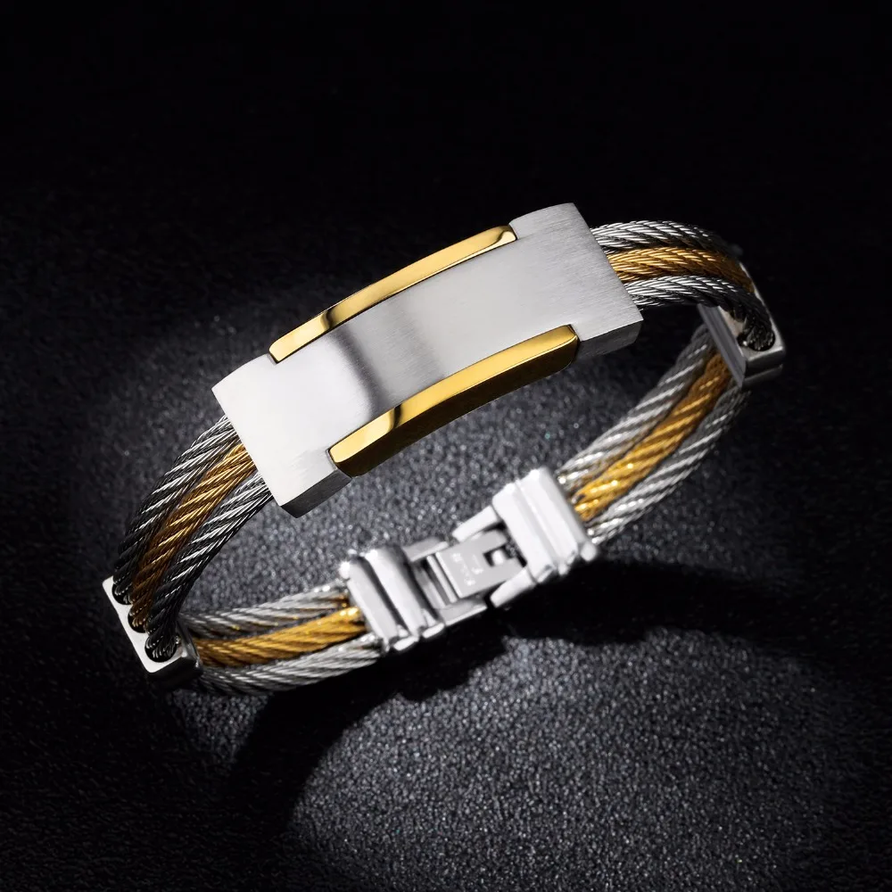 Fashion street three rows of steel wire gold men bracelet high quality titanium steel. | Украшения и аксессуары