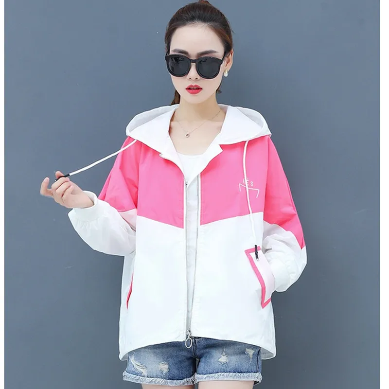 

UHYTGF Oversized Hooded cardigan sun protection clothing Elegant women summer coat Bat sleeve casual color matching thin coat455