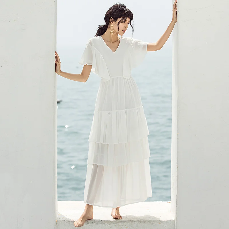 VERRAGEE Женская 2019 Новая Летняя короткая бабочка рукав белый v-образный вырез шифон