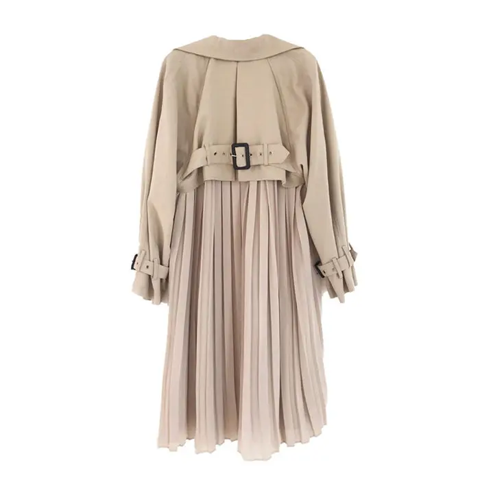 khaki trench coat Повседневные длинные весенние пальто женские модные плиссированные шифоновые сращивающиеся верхняя одежда свободные женские тренчи тонкая ковбойка feminina f619 - Цвет: khaki trench coat