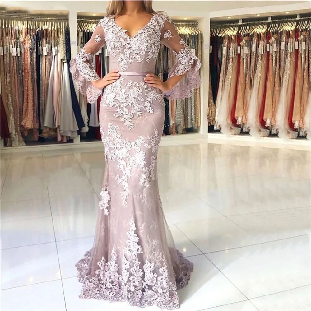 New Arrival Mermaid Pink Prom Dresses 2019 Illusion Long Sleeves Applique Lace Party Gowns Long Evening Dress vestido de festa