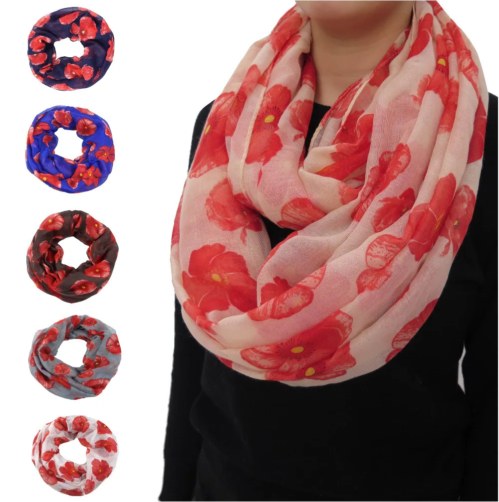 Женский шарф-петля с красным маком и цветочным принтом |