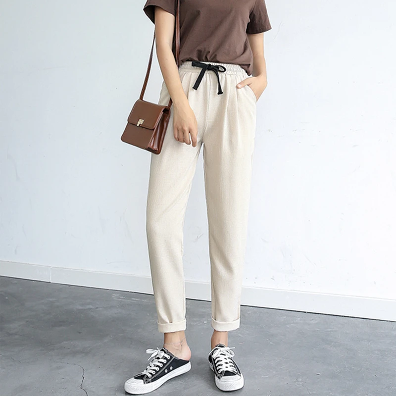 

2018 Summer Women High Waist Cotton Linen Casual Ankle-Length Pant Fashion Female Plus Size Drawstring Roll Up Hem Harem Pants