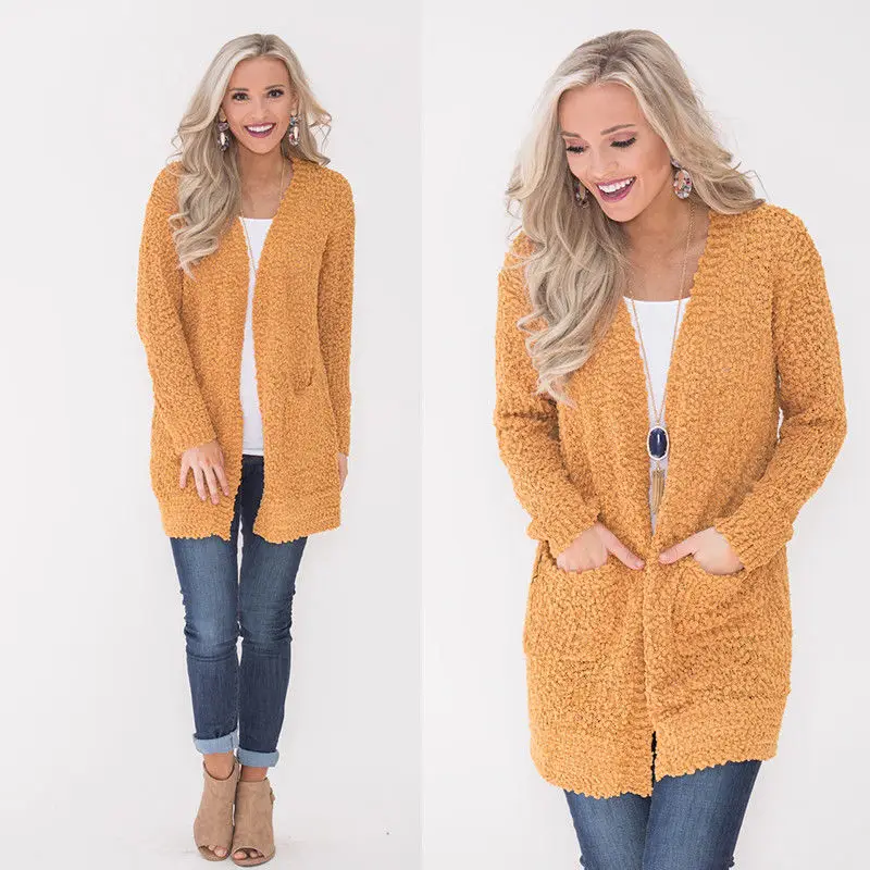2019 Fashion Womens Popcorn Open Cardigan Long Sleeves Solid Color Knit Sweater with Pockets Tops Front Tunic Length Thin |