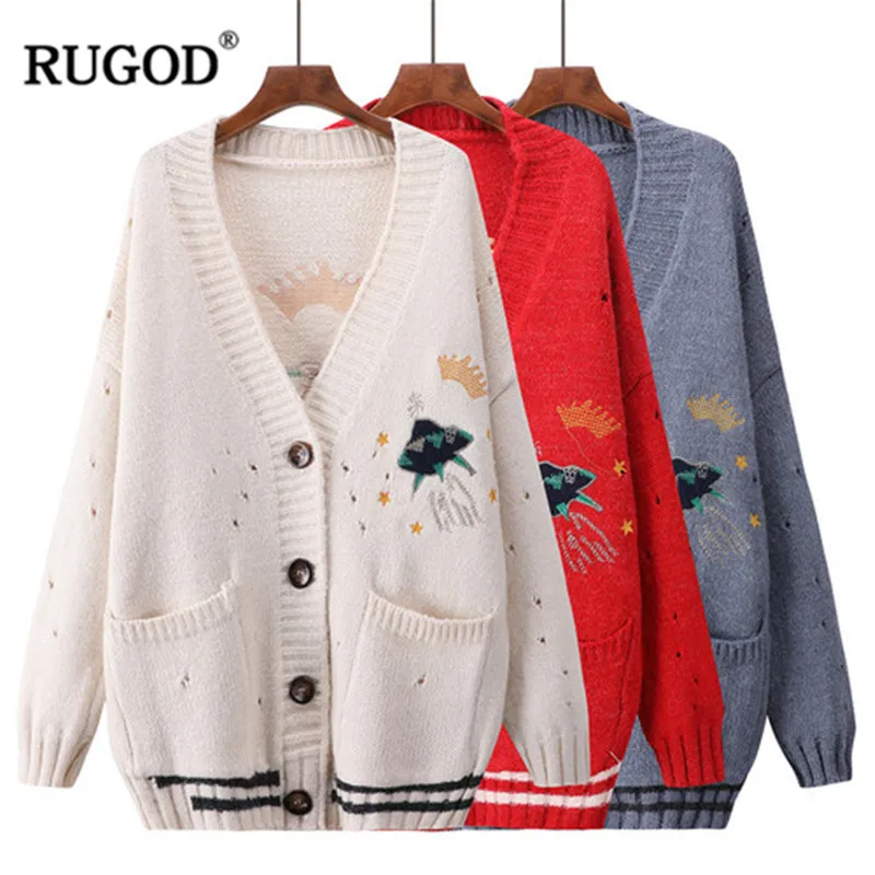 Женский вязаный кардиган RUGOD Однотонный свитер с длинными рукавами и мультяшным
