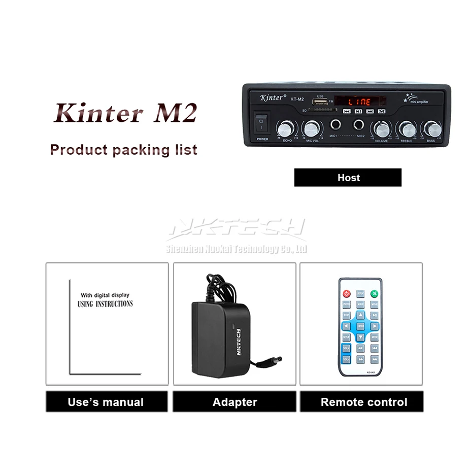 With 12V 3A Adapter Усилитель мощности Kinter KT-M2 цифровой аудио видео плеер 2x25 Вт Hi-Fi стерео 2x микрофон бас USB SD MP3 FM DC12V 220-240 в караоке MP4 - Цвет: With 12V 3A Adapter