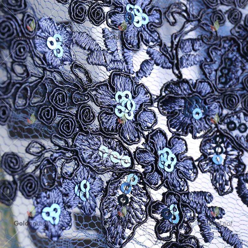 5 Ярд блестки вышитые кружева ткань платье Синий Смешанные цвета синие цветы и
